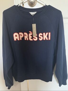 J. Crew Navy Sweatshirt with 'APRÈS SKI' embroidery